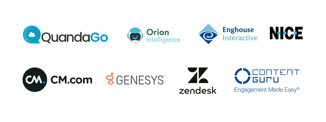 Logo's van Kalepa, Genesys, Odigo, DDM, Content Guru en Verint, sponsoren van het Tech Event van Customer Contact
