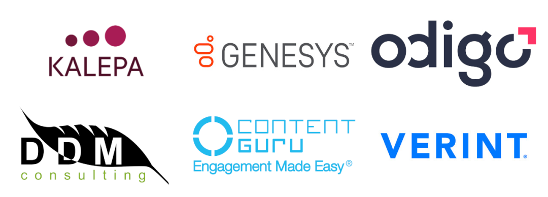 Logo's van Kalepa, Genesys, Odigo, DDM, Content Guru en Verint, sponsoren van het Tech Event van Customer Contact